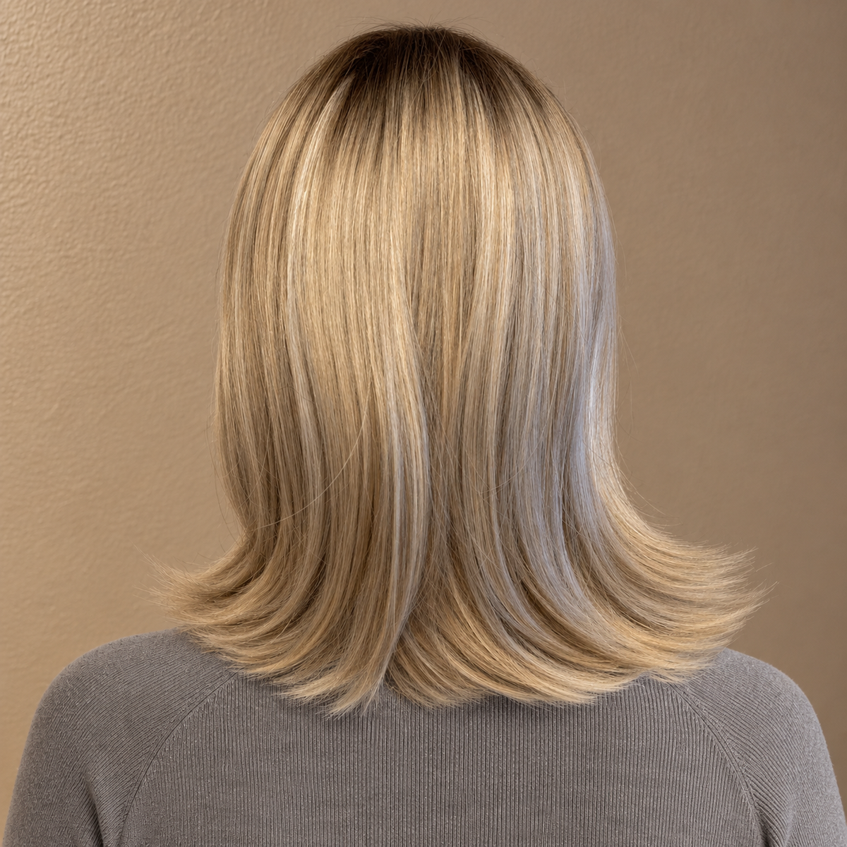 Elegant skulderlang bob-parykk i askeblond