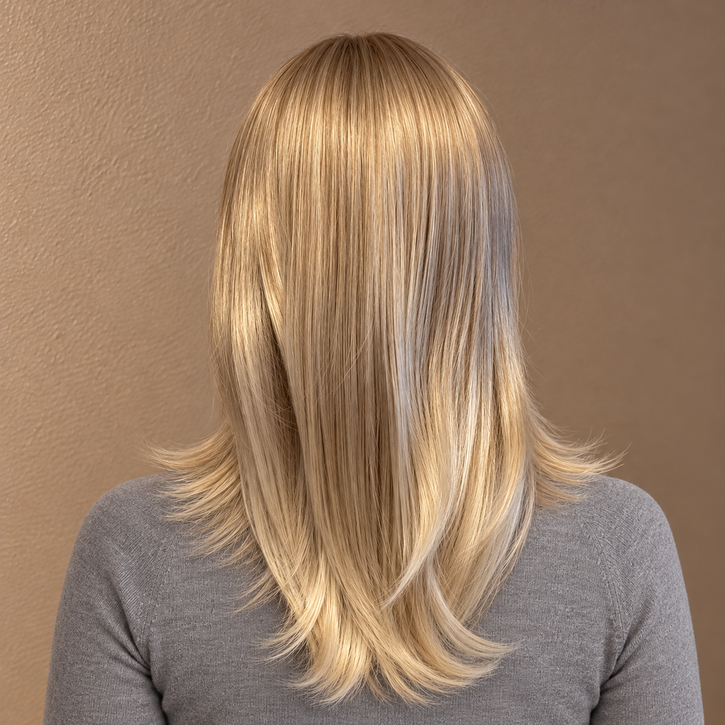 Elegant lang blond parykk med lug