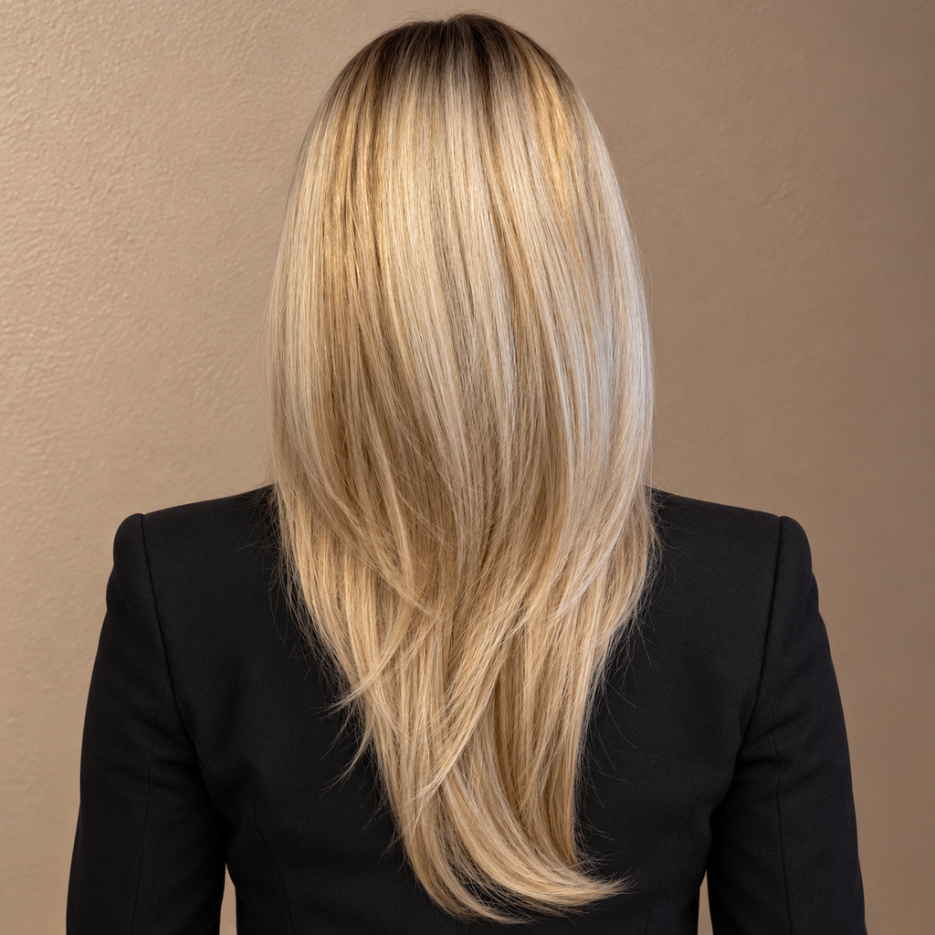 Lang blond parykk med highlights – lagdelt og naturlig