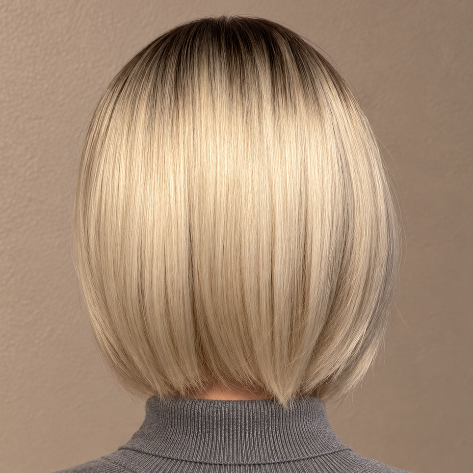 Elegant blond bob-parykk med pannelugg og mørk ettervekst